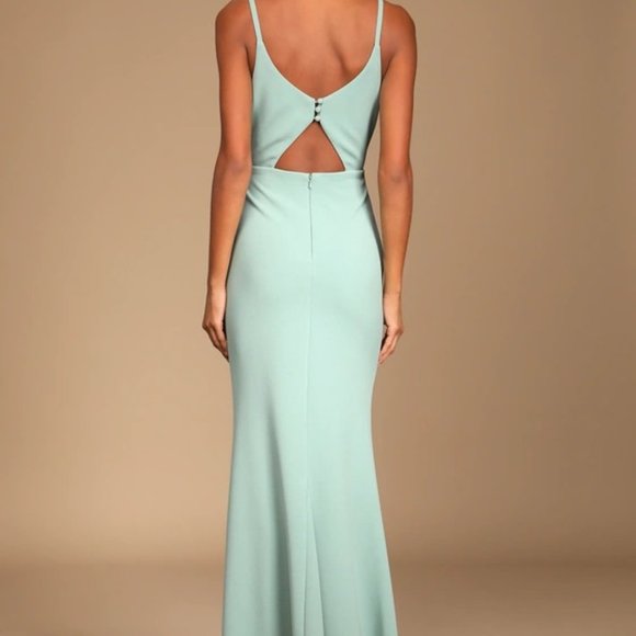 Lulus Moments Of Bliss Dusty Seafoam Backless Mermaid Maxi Dress Size Medium - Picture 2 of 3